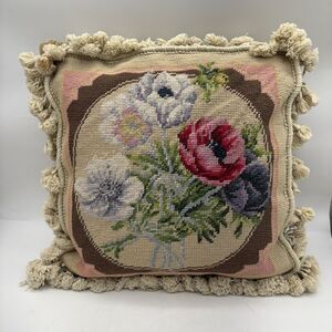 Vintage NeedlePoint Wool Pillow Tassels Floral Bouquet Handmade 14”